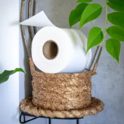 An image showcasing a serene bathroom scene with a wooden toilet paper holder, adorned with recycled paper rolls