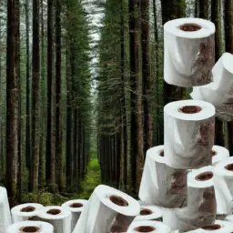 An image showcasing a dense forest with trees being transformed into rolls of traditional toilet paper, symbolizing the devastating impact on deforestation caused by conventional toilet paper production