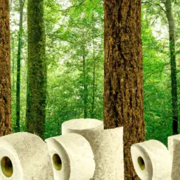 An image showcasing a lush, vibrant forest with eco-friendly toilet paper rolls integrated seamlessly into the landscape, symbolizing the benefits of switching to sustainable options for a cleaner, greener future