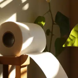 An image showcasing a serene bathroom scene, with a roll of bamboo toilet paper prominently placed on a wooden holder