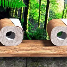 An image showcasing a lush forest scene, with a rustic wooden shelf holding traditional toilet paper rolls on one side, and on the other side, a sleek bamboo shelf adorned with eco-friendly bamboo toilet paper rolls