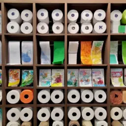 An image showcasing a variety of bamboo toilet paper options, neatly arranged on a shelf