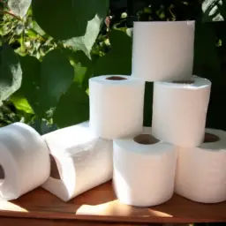 An image showcasing a stack of soft, white organic cotton toilet tissue rolls, neatly placed on a wooden shelf against a backdrop of lush green leaves, exuding an eco-friendly vibe