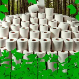 An image showcasing a dense forest with vibrant green foliage, contrasting against a pile of discarded toilet paper rolls