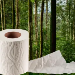 An image depicting a lush forest landscape with a toilet paper roll in the foreground, emphasizing the contrast between traditional paper production and eco-friendly bamboo alternatives