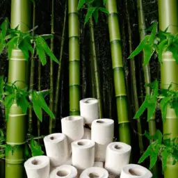 An image showcasing a lush bamboo forest with scattered rolls of bamboo toilet paper, emphasizing the connection between sustainable alternative and reduced deforestation