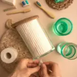 An image showing a serene bathroom scene: a person unrolling a bamboo toilet paper roll, surrounded by eco-friendly bathroom products like reusable cotton pads, a glass jar filled with toothpaste tablets, and a bamboo toothbrush