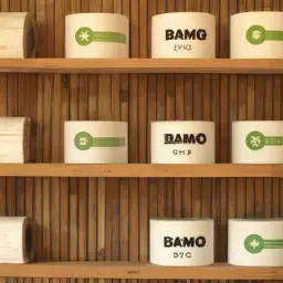 An image showcasing a variety of bamboo toilet paper brands, neatly arranged side by side on a wooden shelf