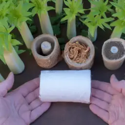 An image showcasing a person repurposing a bamboo toilet paper roll as a biodegradable seed starter, surrounded by vibrant seedlings, demonstrating an innovative way to reduce waste with bamboo toilet paper