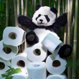  Create an image showcasing a dense bamboo forest with a majestic panda playfully holding a roll of bamboo toilet paper, emphasizing how this innovative solution helps preserve our forests and protect wildlife habitats