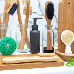 An image showcasing a lush bathroom filled with eco-friendly personal care products such as bamboo toothbrushes, refillable shampoo bottles, and natural loofahs, emphasizing the pivotal role of personal care in sustainable living