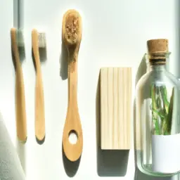 An image that portrays a bathroom counter adorned with eco-friendly personal care products like refillable bamboo toothbrushes, recycled packaging for skincare, and a sustainable wooden hairbrush, highlighting the shift towards a greener personal care routine