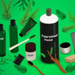 An image depicting a lush forest with polluted streams, juxtaposing traditional personal care products like shampoo bottles and face creams with eco-friendly alternatives like natural ingredients, bamboo toothbrushes, and reusable containers