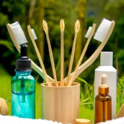 An image showcasing a diverse range of eco-friendly personal care products, such as bamboo toothbrushes, refillable shampoo bottles, and biodegradable cotton swabs, arranged artistically against a backdrop of lush greenery