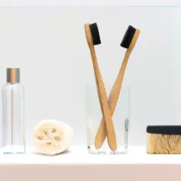 An image that captures the essence of eco-friendly personal care by showcasing a minimalist bathroom counter adorned with refillable glass containers, bamboo toothbrushes, and a biodegradable loofah, symbolizing a waste-free revolution in personal hygiene