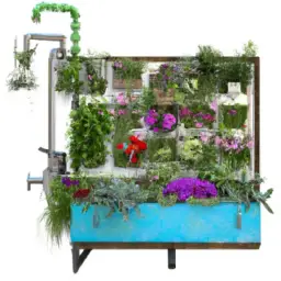 An image showcasing a lush, vertical garden flourishing with vibrant, air-purifying plants in repurposed, eco-friendly containers, illuminating a bathroom, symbolizing the harmonious blend of personal care and environmental revolution
