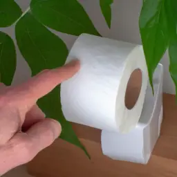 An image of a person happily unwrapping a roll of biodegradable toilet paper, surrounded by lush green plants