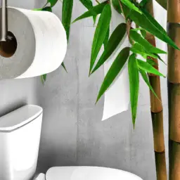 An image showcasing a sleek, modern bathroom with a roll of luxurious, ultra-soft bamboo toilet paper hanging next to a lush bamboo plant, symbolizing the eco-friendly revolution in the toiletry industry
