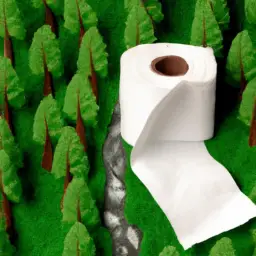 An image showcasing a lush, vibrant forest with towering trees and a serene river, while a biodegradable, eco-friendly toilet paper is gently nestled among the leaves, symbolizing a revolutionary step towards sustainability