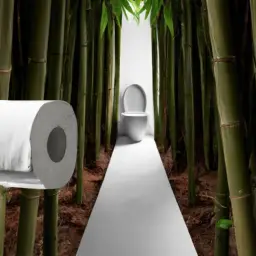 An image showcasing a serene bamboo forest, with a clear path leading to a modern bathroom