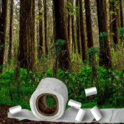 An image depicting a lush forest with trees being cut down, while a roll of traditional toilet paper lies discarded on the forest floor, highlighting the detrimental environmental impact of traditional toilet paper production