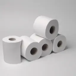 An image depicting a bathroom with a sleek, modern toilet paper holder filled with rolls of soft, biodegradable toilet paper