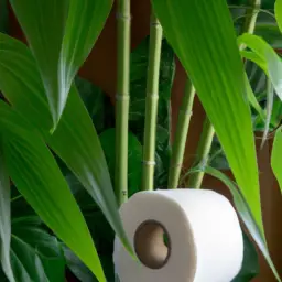 An image showcasing a serene bathroom scene with a roll of bamboo toilet paper, surrounded by lush green plants, emphasizing the eco-friendly benefits of bamboo for sustainable living