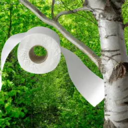 An image showcasing a lush, green forest with a roll of biodegradable toilet paper hanging from a tree branch, symbolizing the positive impact of eco-friendly alternatives on the environment