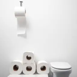 An image showcasing a modern bathroom with a sleek, wall-mounted bidet next to a stack of traditional toilet paper rolls, emphasizing the contrast between wastefulness and the eco-friendly alternative