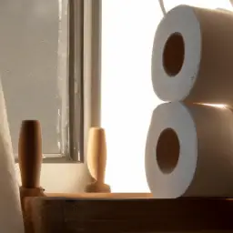 An image showing a serene bathroom setting with a wooden toilet paper holder, adorned with rolls of biodegradable toilet paper