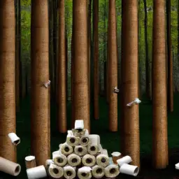 An image featuring a dense forest with towering trees, their trunks wrapped in traditional toilet paper rolls