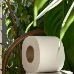 An image showcasing a serene bathroom scene with a roll of bamboo toilet paper on a stylish stand, surrounded by lush green plants, emphasizing the eco-friendly benefits of this sustainable swap