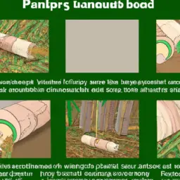 An image that depicts the step-by-step process of transforming bamboo into toilet paper, showcasing the harvesting, pulping, pressing, and packaging stages with vibrant colors and intricate details