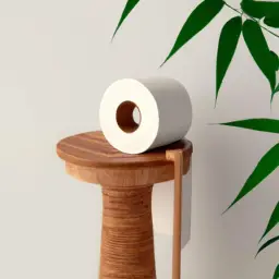 An image depicting a serene bathroom setting with a bamboo toilet paper roll prominently displayed on a eco-friendly bamboo holder, surrounded by natural elements like lush green plants and a sustainable wooden stool