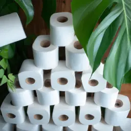 An image showcasing a bathroom shelf with neatly stacked rolls of bamboo toilet paper, surrounded by lush green plants, conveying the eco-friendly and sustainable aspect of embracing bamboo toilet paper