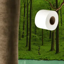 An image showcasing a lush forest with tall trees and a serene river, where a single roll of eco-friendly toilet paper is gently suspended from a branch, symbolizing the rise of sustainable toilet paper and its positive impact on the environment