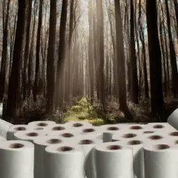 An image showcasing a dense forest with majestic trees, gradually fading into a barren wasteland, symbolizing the environmental consequences of traditional toilet paper production