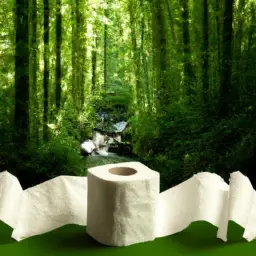 An image capturing a lush, green forest with a gentle stream flowing through, where sunlight filters through the leaves, shining on a stack of eco-friendly toilet paper, highlighting its sustainable allure