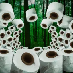 An image of a lush forest with trees subtly morphing into rolls of conventional toilet paper, emphasizing the hidden dangers