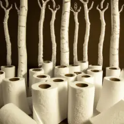 An image showcasing a dense forest with trees made of rolls of conventional toilet paper, symbolizing the hidden environmental impact