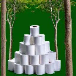 An image depicting a lush rainforest with a towering tree being cut down, surrounded by discarded toilet paper rolls