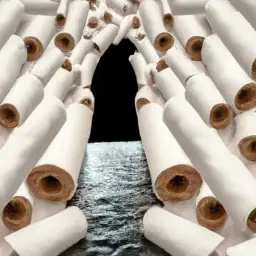 An image showcasing a serene, crystal-clear river flowing towards a wasteland of discarded conventional toilet paper rolls