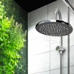 An image featuring a serene bathroom scene with a modern, sleek showerhead emitting a gentle flow of water