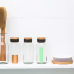 An image showcasing a sparkling clean bathroom with shelves adorned by refillable glass bottles filled with eco-friendly cleaning products