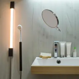 An image showcasing a modern bathroom with energy-efficient lighting solutions