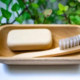 An image showcasing a wooden soap dish with a natural loofah and bamboo toothbrush placed next to it