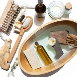 An image showcasing a serene bathroom scene with a wooden bathtub filled with crystal-clear water surrounded by natural bath and body products, such as handmade soaps, bamboo toothbrushes, and recycled packaging