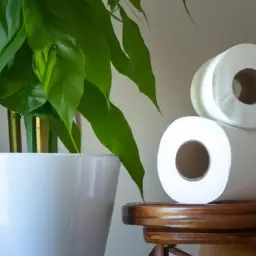 An image showcasing a serene bathroom setting, featuring a roll of bamboo toilet paper next to a lush potted plant