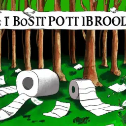 An image showcasing a dense forest being cleared for traditional toilet paper production, emphasizing the environmental impact