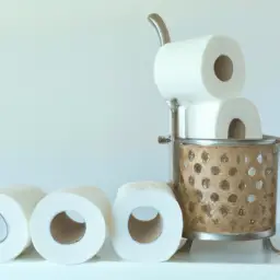An image showcasing a serene bathroom scene with a stylish bamboo toilet paper roll holder, accompanied by a stack of eco-friendly bamboo toilet paper rolls, emphasizing the importance of waste reduction
